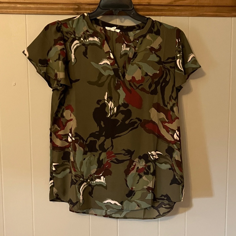 Maurices Olive, Burgundy, Black Camouflage Blouse